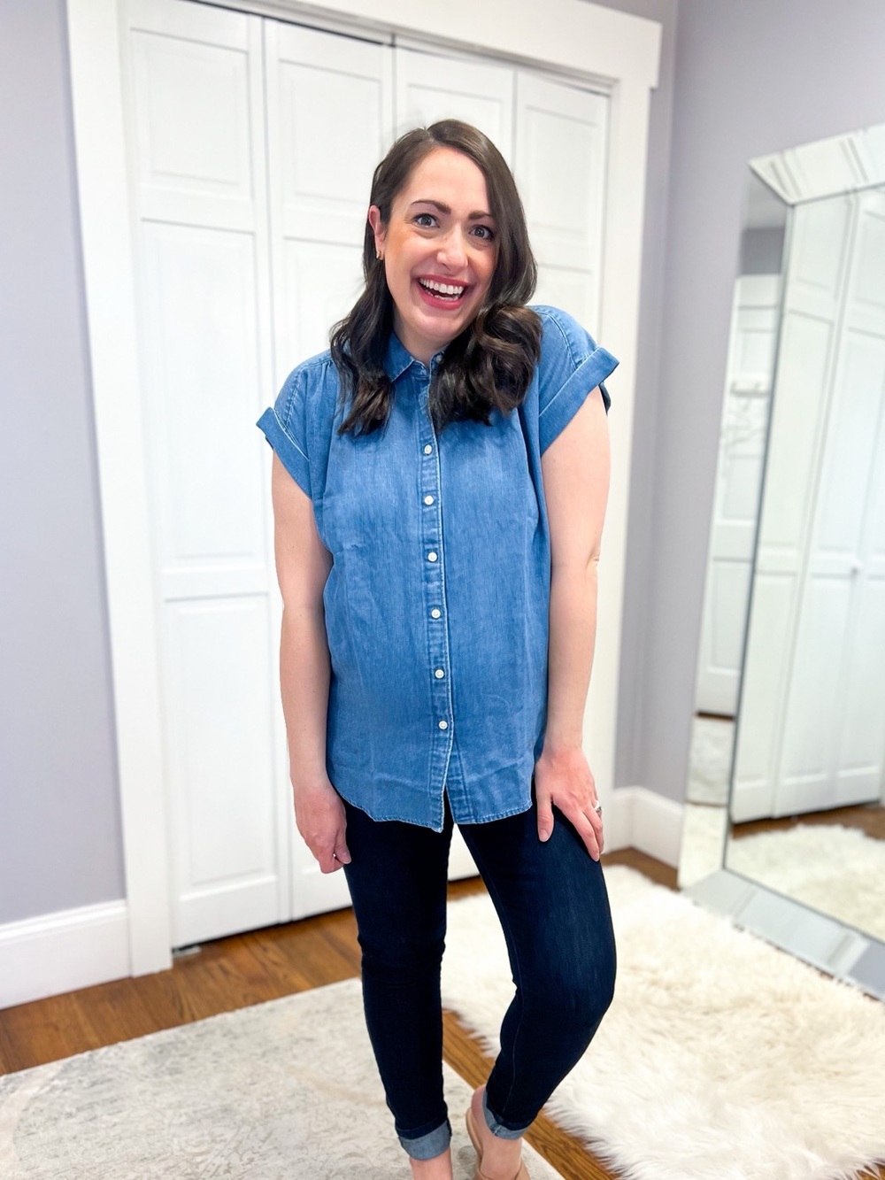 LOFT Blue Denim Short-Sleeve Button-Down Shirt